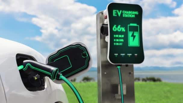 Miljövänlig Elbil Med Ren Energiuppladdningsbatteri Från Futuristiska Smarta Laddstation Naturskön — Stockvideo