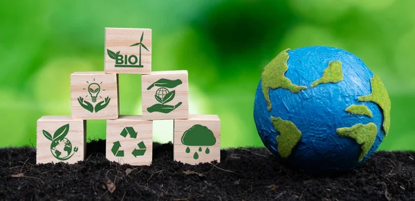 Модель Земли Экологическая Концепция Деревянных Икон Символизирующих Зеленый Бизнес Использованием — стоковое фото