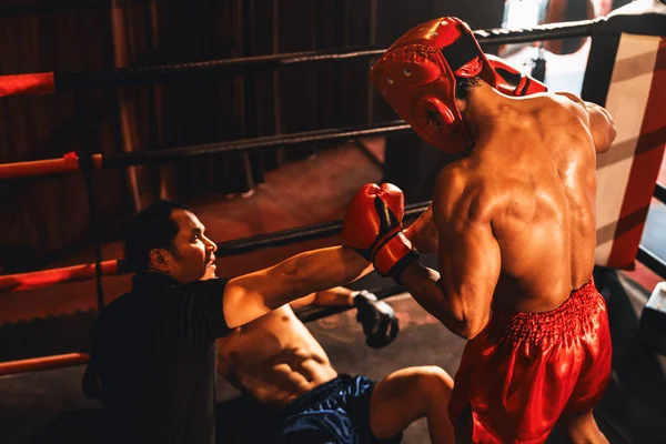 Árbitro Boxeo Intervenir Deteniendo Lucha Para Comprobar Competidor Caído Intenso —  Fotos de Stock