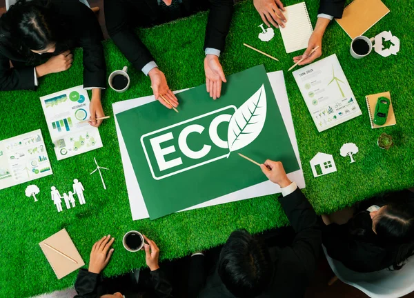 Вид Сверху Панорамный Символ Eco Зеленом Травяном Столе Деловыми Людьми — стоковое фото
