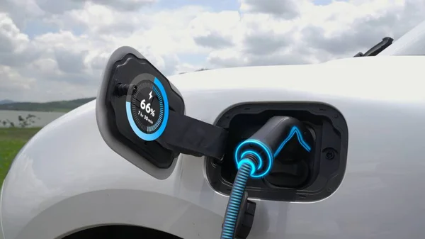 Elektrische Auto Plug Met Laadstation Opladen Van Batterij Door Lader — Stockfoto