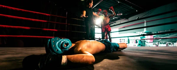 Boxing referee intervene, halting the fight to check fallen competitor after knock out. Referee pauses the action for boxer fighters safety after KO with winner posing in background. Spur