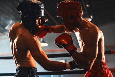 Kasklı iki atletik ve kaslı vücut boksörü ya da boks baş muhafızı vahşi bir boks maçında karşı karşıya. Boks dövüşçüsü boks ringinde dövüşüyor. Impetus