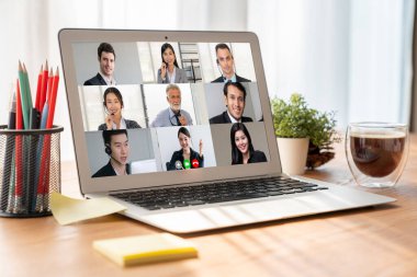 Business people on video conference for modish virtual group meeting of corprate business office workers clipart