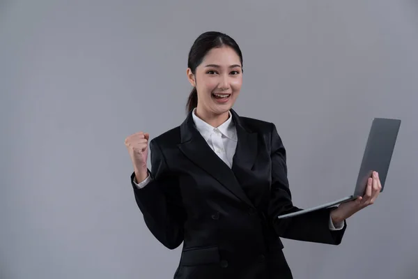 Confident Young Businesswoman Stands Isolated Background Working Laptop Posing Formal — Stock Photo, Image