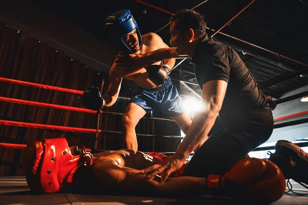 Árbitro Boxe Intervir Parando Luta Para Verificar Caído Concorrente Após — Fotografia de Stock