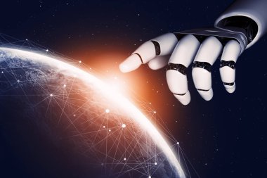 3D Rending Futuristic robot teknolojisi geliştirme, yapay zeka yapay zeka ve makine öğrenme konsepti. Gelecekteki insan hayatı için küresel robot biyonik bilim araştırması. 3B illüstrasyon