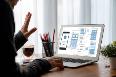 Model mobil uygulama ve web sitesi için UX UI tasarım süreci. Profesyonel uygulama geliştiricisi için kablo grafiğinin yaratıcı prototipi .