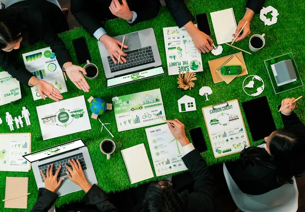 Панорама Зверху Бізнесменів Які Планують Бізнес Маркетинг Екологічною Відповідальністю Екологію — стокове фото