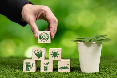İş adamı elinde ECO küp sembollü saksı tutuyor. Orman yenilenmesi ve doğal farkındalık. Çevre dostu politikayla birlikte, ekolojiyi korumak için yenilenebilir enerji kullanan etik yeşil iş. Değiştir