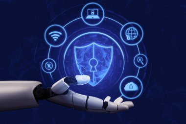 3D Rending Futuristic robot teknolojisi geliştirme, yapay zeka yapay zeka ve makine öğrenme konsepti. Gelecekteki insan hayatı için küresel robot biyonik bilim araştırması. 3B illüstrasyon