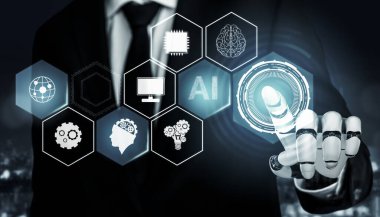 3D Rending Futuristic robot teknolojisi geliştirme, yapay zeka yapay zeka ve makine öğrenme konsepti. Gelecekteki insan hayatı için küresel robot biyonik bilim araştırması. 3B illüstrasyon