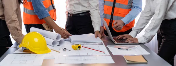 Engineer Partner Drawing Working Blueprint Design Together Office Table Architectural — Stock Photo, Image