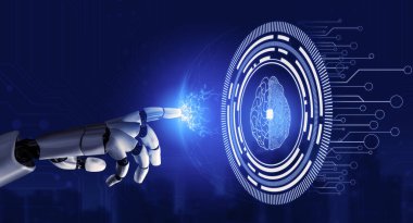 3D Rending Futuristic robot teknolojisi geliştirme, yapay zeka yapay zeka ve makine öğrenme konsepti. Gelecekteki insan hayatı için küresel robot biyonik bilim araştırması. 3B illüstrasyon