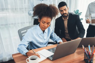 Mutlu iş adamları birlikte çalışır, şirket ofisinde tartışırlar. Profesyonel ve çeşitlilik takım çalışması iş planını bilgisayarda tartışır. Modern çok kültürlü ofis çalışanı. Uyum