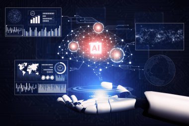 3D Rending Futuristic robot teknolojisi geliştirme, yapay zeka yapay zeka ve makine öğrenme konsepti. Gelecekteki insan hayatı için küresel robot biyonik bilim araştırması. 3B illüstrasyon