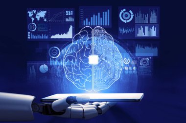 3D Rending Futuristic robot teknolojisi geliştirme, yapay zeka yapay zeka ve makine öğrenme konsepti. Gelecekteki insan hayatı için küresel robot biyonik bilim araştırması. 3B illüstrasyon