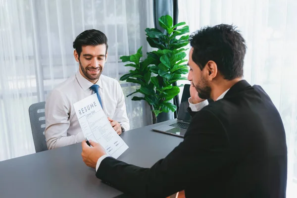 Interviewing Job Applicant Office Resume Paper Candidate Wear Suit Formal — Stock Photo, Image