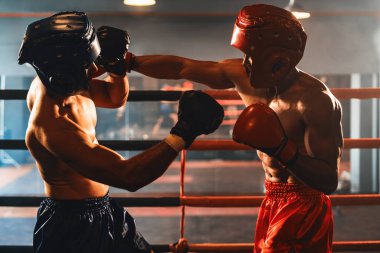 Kasklı iki atletik ve kaslı vücut boksörü ya da boks baş muhafızı vahşi bir boks maçında karşı karşıya. Boks dövüşçüsü boks ringinde dövüşüyor. Impetus