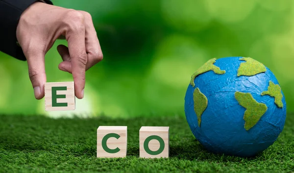 Empresario Mano Sosteniendo Cubo Madera Con Símbolo Ecológico Globo Papel —  Fotos de Stock