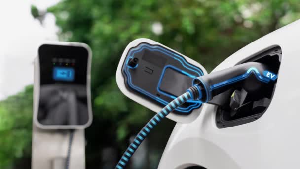 Elektrisk Bil Uppladdning Batteri Genom Futuristiska Smarta Laddare Från Eco — Stockvideo
