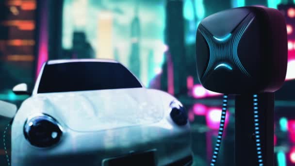 Futurisztikus Elektromos Autó Töltő Akkumulátor Intelligens Töltőállomás Neon Fény Cyberpunk — Stock videók