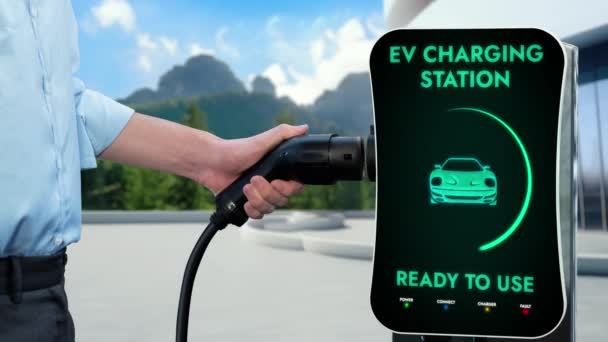 Main Tirer Chargeur Station Charge Électrique Intelligente Afficher État Batterie — Video