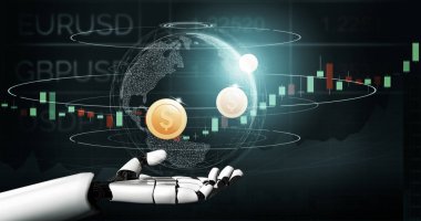 3D Rending Futuristic robot teknolojisi geliştirme, yapay zeka yapay zeka ve makine öğrenme konsepti. Gelecekteki insan hayatı için küresel robot biyonik bilim araştırması. 3B illüstrasyon