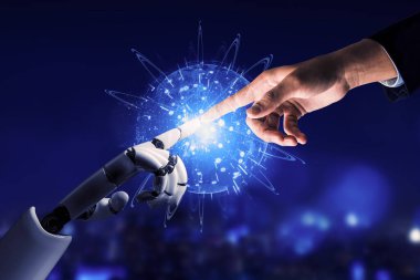 3D Rending Futuristic robot teknolojisi geliştirme, yapay zeka yapay zeka ve makine öğrenme konsepti. Gelecekteki insan hayatı için küresel robot biyonik bilim araştırması. 3B illüstrasyon