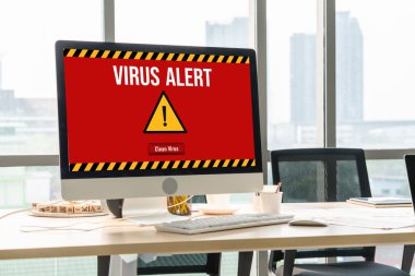 Bilgisayar ekranındaki virüs uyarısı mobil siber tehdit, hacker, bilgisayar virüsü ve kötü amaçlı yazılım tespit edildi