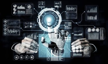 Yaşayan insanların geleceği için robot ve sayborg gelişimi yapay zeka araştırması. Dijital veri madenciliği ve makine öğrenme teknolojisi, bilgisayar iletişimi. 3B illüstrasyon