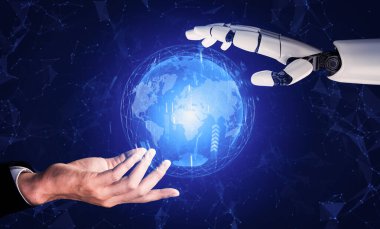 3D Rending Futuristic robot teknolojisi geliştirme, yapay zeka yapay zeka ve makine öğrenme konsepti. Gelecekteki insan hayatı için küresel robot biyonik bilim araştırması. 3B illüstrasyon