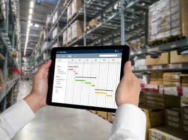 Ekip projesinin zaman çizelgesini gösteren bilgisayar ekranında, modern iş projesi yönetimi için proje planlama yazılımı