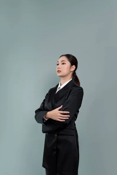 Confident Young Businesswoman Stands Isolated Background Posing Formal Black Suit — Stock Photo, Image