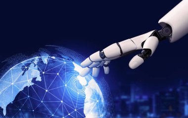 3D Rending Futuristic robot teknolojisi geliştirme, yapay zeka yapay zeka ve makine öğrenme konsepti. Gelecekteki insan hayatı için küresel robot biyonik bilim araştırması. 3B illüstrasyon