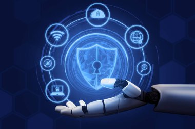 3D Rending Futuristic robot teknolojisi geliştirme, yapay zeka yapay zeka ve makine öğrenme konsepti. Gelecekteki insan hayatı için küresel robot biyonik bilim araştırması. 3B illüstrasyon