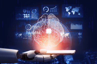 3D Rending Futuristic robot teknolojisi geliştirme, yapay zeka yapay zeka ve makine öğrenme konsepti. Gelecekteki insan hayatı için küresel robot biyonik bilim araştırması. 3B illüstrasyon