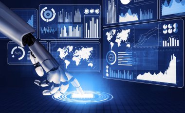 3D Rending Futuristic robot teknolojisi geliştirme, yapay zeka yapay zeka ve makine öğrenme konsepti. Gelecekteki insan hayatı için küresel robot biyonik bilim araştırması. 3B illüstrasyon