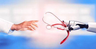 3D tıbbi yapay zeka robotu geleceğin hastanesinde çalışıyor. Hasta ve biyomedikal teknoloji konsepti için gelecekteki protez sağlık hizmetleri.