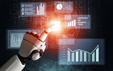 3D Rending Futuristic robot teknolojisi geliştirme, yapay zeka yapay zeka ve makine öğrenme konsepti. Gelecekteki insan hayatı için küresel robot biyonik bilim araştırması. 3B illüstrasyon
