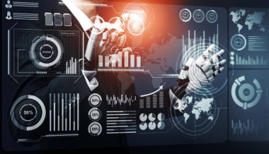 3D Rending Futuristic robot teknolojisi geliştirme, yapay zeka yapay zeka ve makine öğrenme konsepti. Gelecekteki insan hayatı için küresel robot biyonik bilim araştırması. 3B illüstrasyon