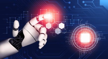 3D Rending Futuristic robot teknolojisi geliştirme, yapay zeka yapay zeka ve makine öğrenme konsepti. Gelecekteki insan hayatı için küresel robot biyonik bilim araştırması. 3B illüstrasyon