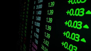 Makro çekim hareketi üzerine borsa kurulu LED ekranı borsa ve finansal verileri gösteriyor. Dinamik borsa endeksi değer artışı ve eğilim yatırımı için düşüş.