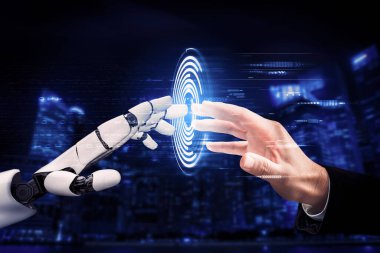 3D Rending Futuristic robot teknolojisi geliştirme, yapay zeka yapay zeka ve makine öğrenme konsepti. Gelecekteki insan hayatı için küresel robot biyonik bilim araştırması. 3B illüstrasyon