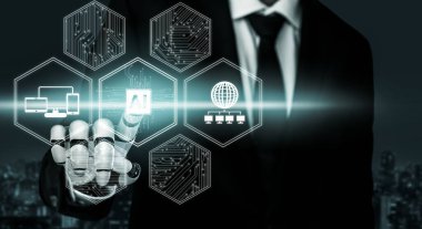 3D Rending Futuristic robot teknolojisi geliştirme, yapay zeka yapay zeka ve makine öğrenme konsepti. Gelecekteki insan hayatı için küresel robot biyonik bilim araştırması. 3B illüstrasyon