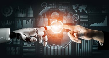 3D Rending Futuristic robot teknolojisi geliştirme, yapay zeka yapay zeka ve makine öğrenme konsepti. Gelecekteki insan hayatı için küresel robot biyonik bilim araştırması. 3B illüstrasyon