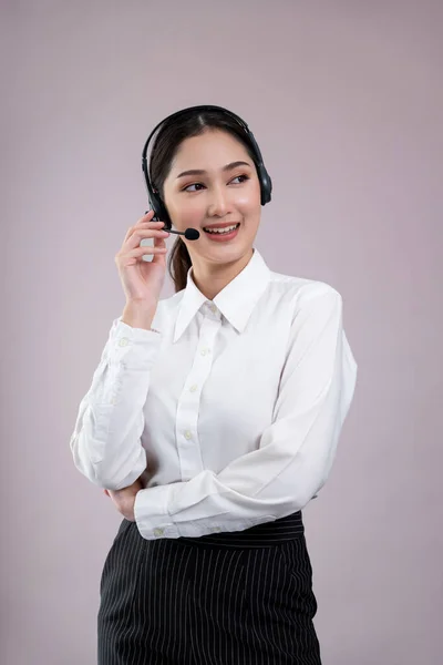 Attraktive Asiatische Callcenter Betreiberin Mit Glücklichem Lächeln Gesicht Wirbt Auf — Stockfoto