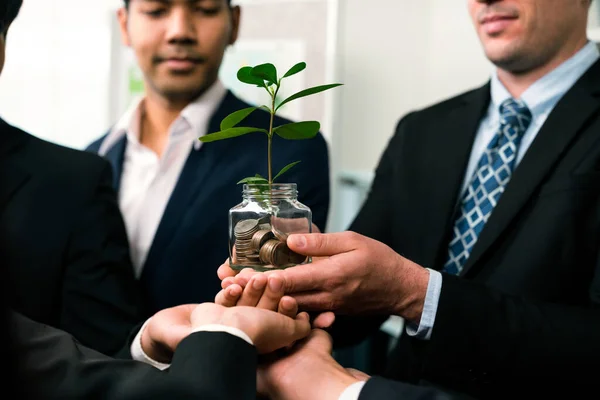Business People Holding Money Savings Jar Together Synergy Filled Coin — Stock Photo, Image