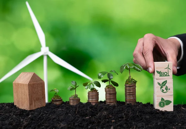 stock image Businessman holding Bio energy symbol with seedling on coin stack and wind turbine. Corporate responsibility and Bio technology for sustainable energy and reducing pollution and CO2 emission. Alter