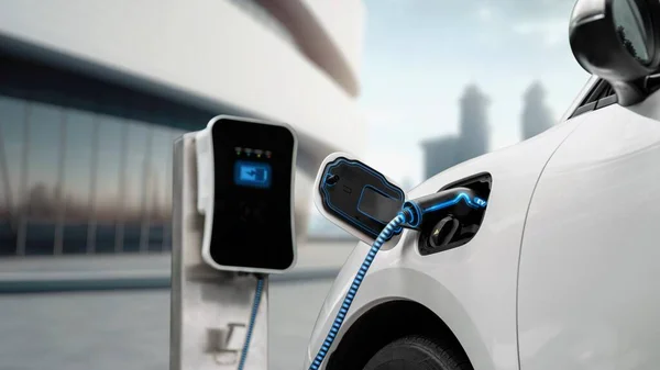 将来のアーキテクチャの建物の背景と充電ステーションに接続された革新的な電気自動車 代替のクリーンで持続可能なエネルギーを使用して技術進歩の充電式Ev車 Peruse — ストック写真